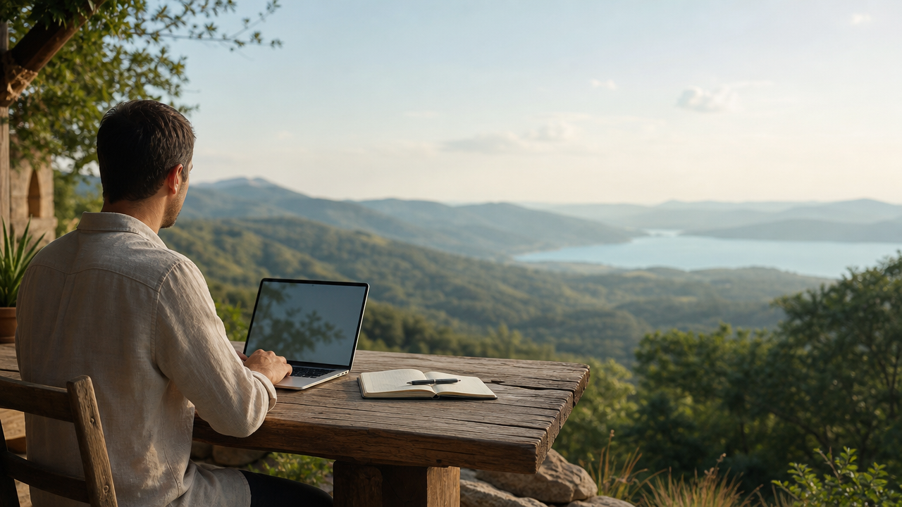 Persona che studia con un laptop davanti a un paesaggio naturale