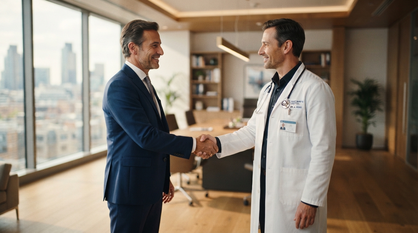 Stretta di mano tra un imprenditore e un medico del lavoro Skema HSE