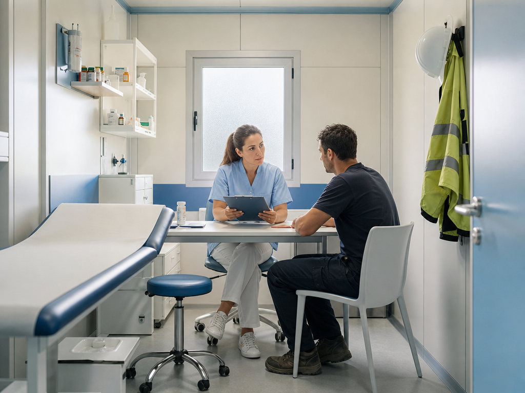 Visita medica in un presidio sanitario modulare di cantiere