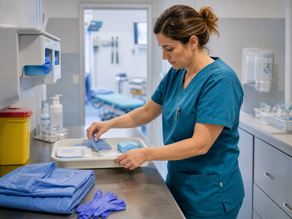 Operatrice sanitaria prepara materiali di protezione